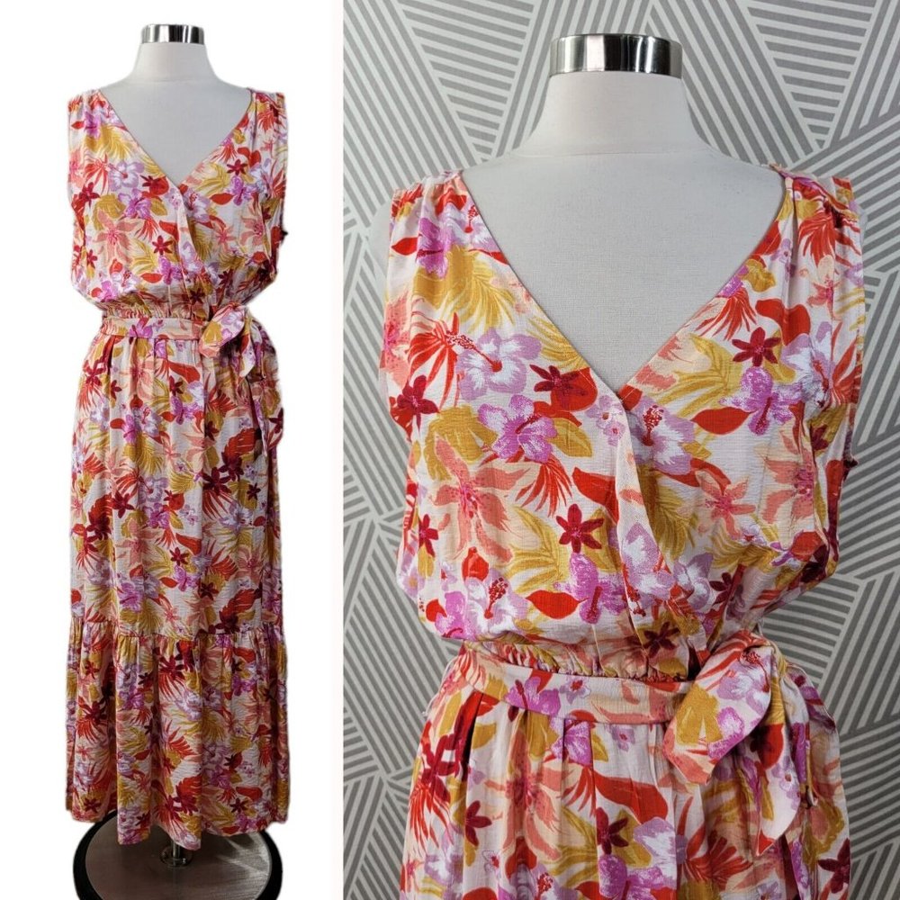 Lush size XL Wrap Dress Linen Blend floral Pink orange Belted Tiered maxi